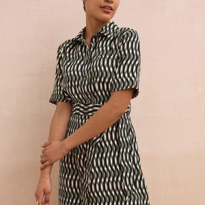 Green/Black Geo Print Short Sleeve Mini Tie Waist Shirt Dress