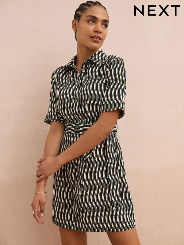 Green/Black Geo Print Short Sleeve Mini Tie Waist Shirt Dress