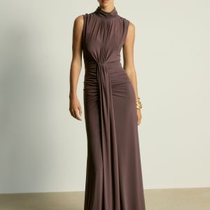 Reiss Taupe Daniella Sheer Ruched Maxi Dress