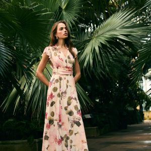 Cream White Tropical Print Kew Collection Pleated Mesh Print V-Neck Occasion Midi Dress