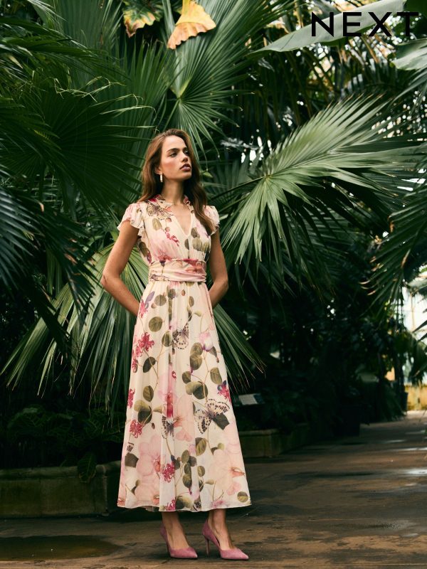 Cream White Tropical Print Kew Collection Pleated Mesh Print V-Neck Occasion Midi Dress