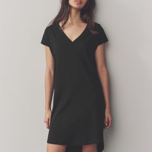 Black 100% Cotton Cap Sleeve V-Neck Mini Dress