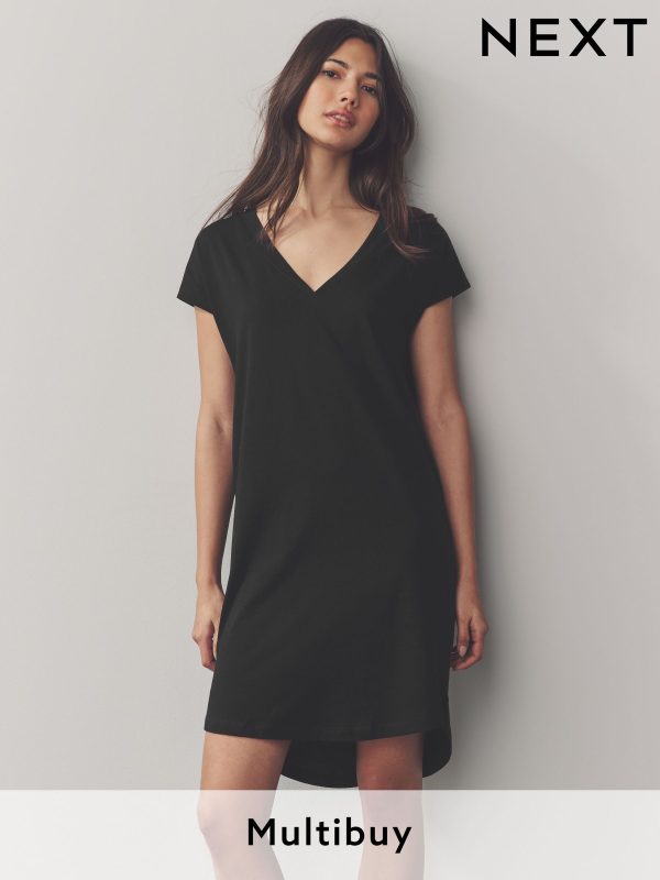 Black 100% Cotton Cap Sleeve V-Neck Mini Dress