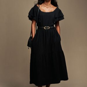 Laura Ashley Black Ruffle Sleeve 100% Cotton Dress with Lace Trims