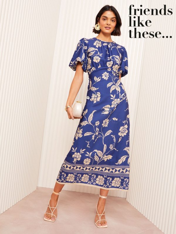 Friends Like These Blue Satin Puff Sleeve Midi Dress