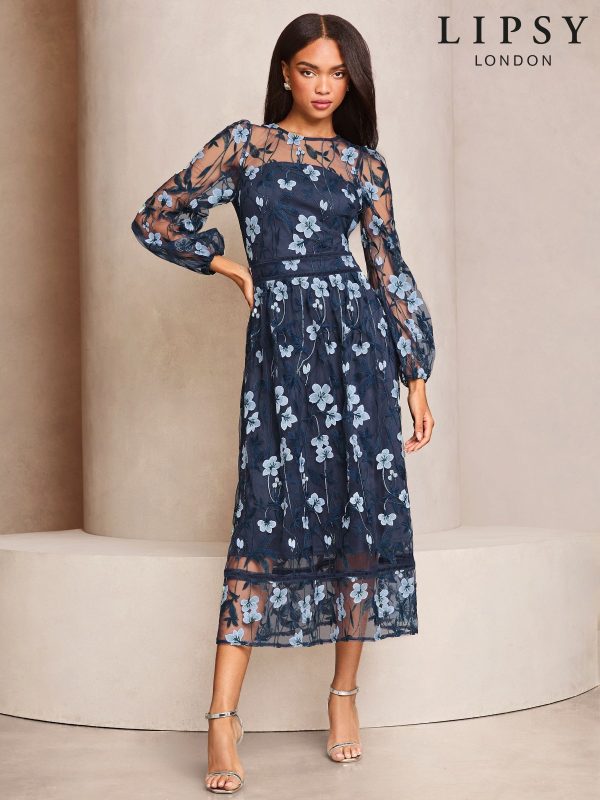 Lipsy Navy Premium Long Sleeve Embroidered Floral Prom Midi Dress