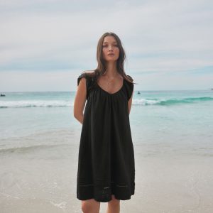 Black V-Neck Ruffle Sleeve Mini Dress with Linen