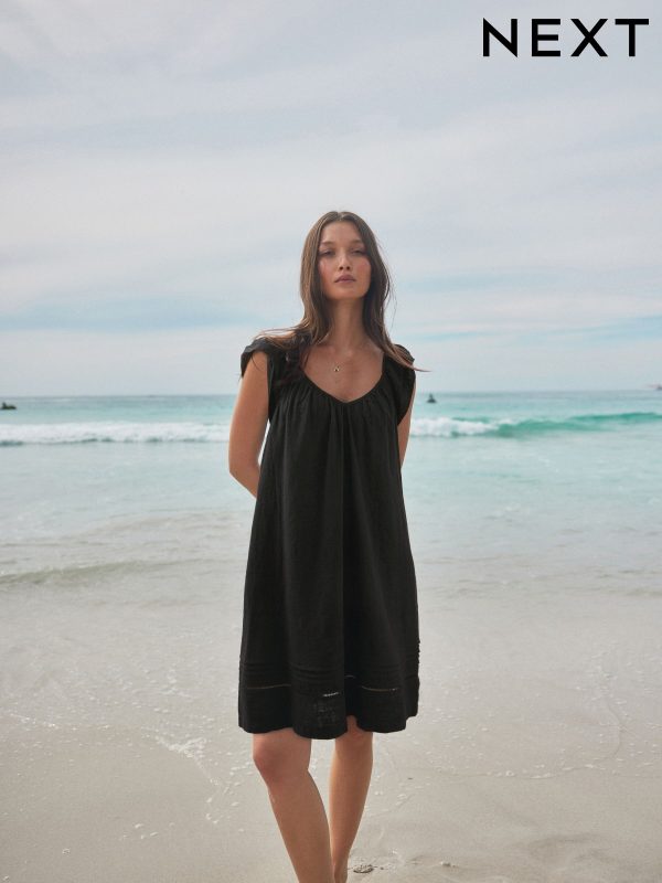 Black V-Neck Ruffle Sleeve Mini Dress with Linen