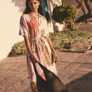 Cream Palm Print Short Sleeve Tie Waist Midi Dress with Linen