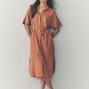 Terracotta Brown Short Sleeve Tie Waist Midi Dress with Linen