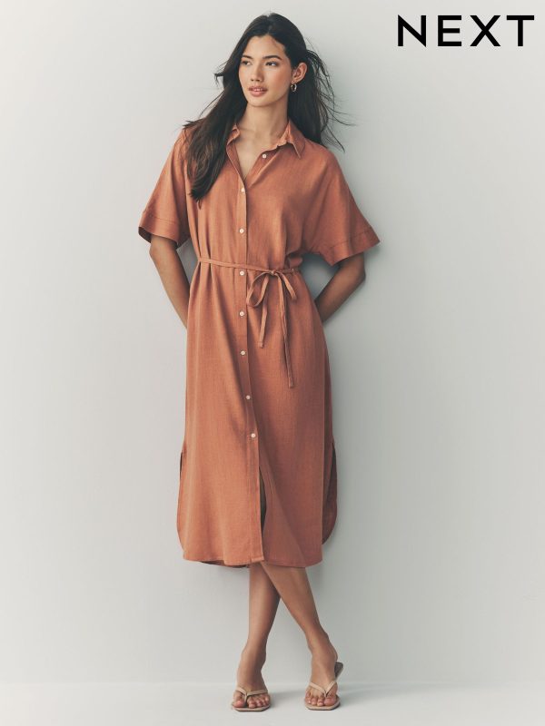 Terracotta Brown Short Sleeve Tie Waist Midi Dress with Linen