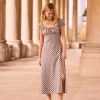 Navy Blue Gingham Puff Sleeve Midi Dress