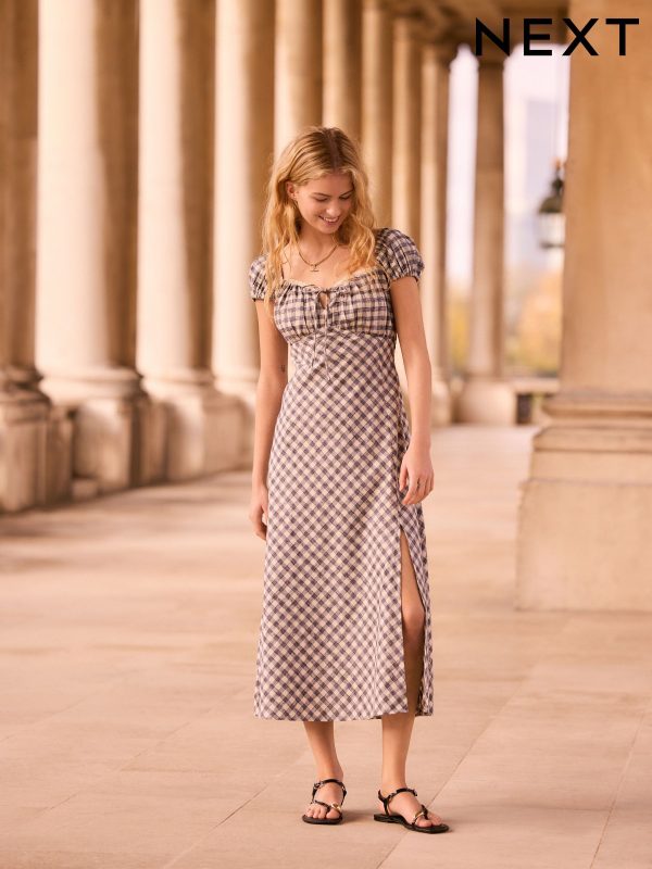 Navy Blue Gingham Puff Sleeve Midi Dress