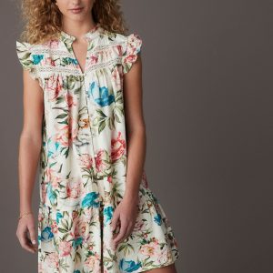 Cream/Blue/Pink Vintage Floral Print Boho Frill Detail Lace Insert Mini Dress with Linen