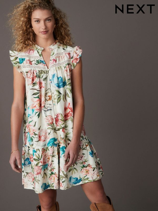 Cream/Blue/Pink Vintage Floral Print Boho Frill Detail Lace Insert Mini Dress with Linen