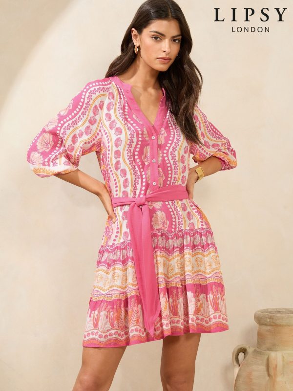 Lipsy Pink Floral Beach 3/4 Sleeve Mini  Shirt Dress