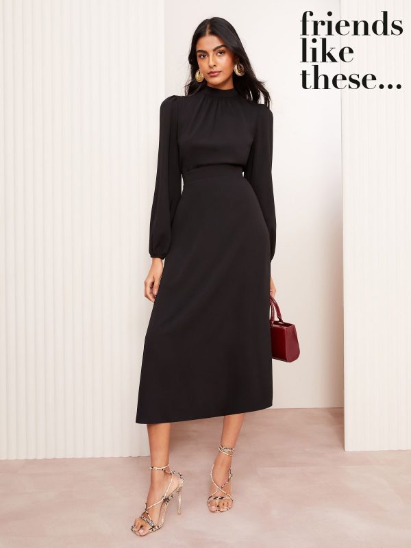 Friends Like These Black High Neck Long Sleeve Midi Dress with Bow Detailing