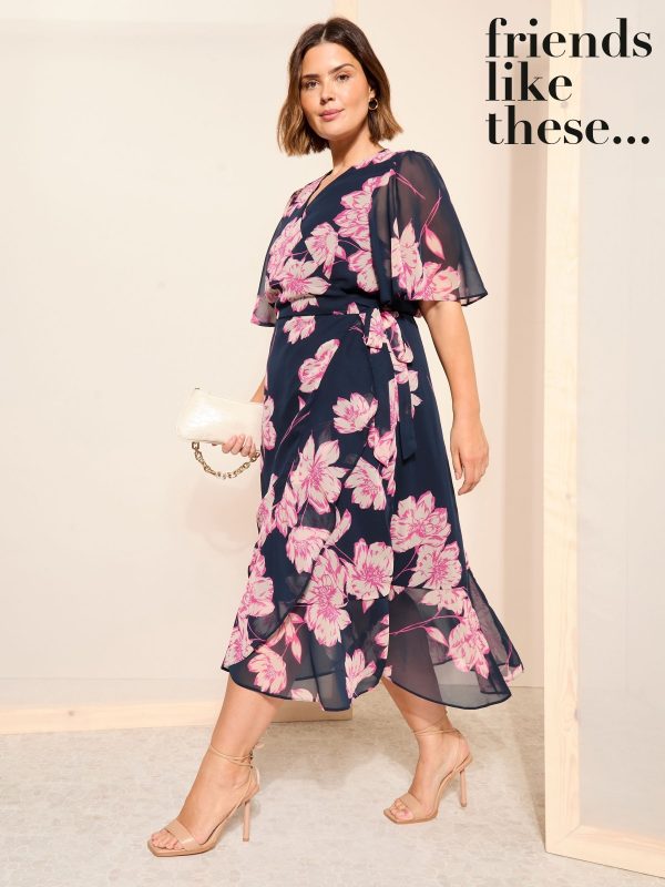 Friends Like These Blue Curve Chiffon Mix Flutter Sleeve Wrap Dress