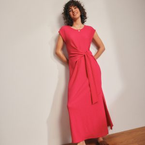 Pink Textured Tie Waist T Dress