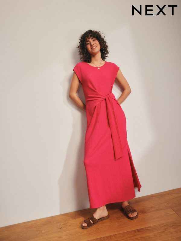 Pink Textured Tie Waist T Dress