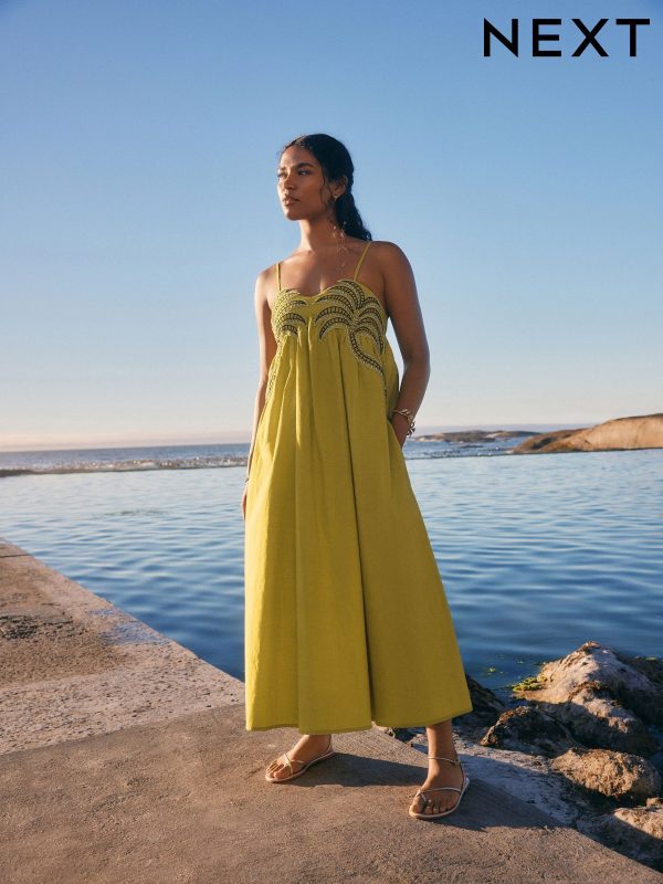 Lime Green Embroidered Palm 100% Cotton Midi Dress