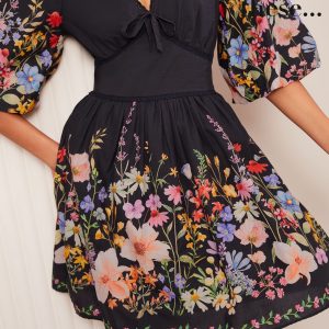 Friends Like These Black Floral Print V-Neck Puff Sleeve Placement Print 100% Cotton Mini Dress
