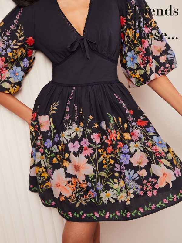 Friends Like These Black Floral Print V-Neck Puff Sleeve Placement Print 100% Cotton Mini Dress