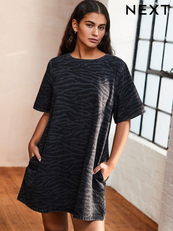 Zebra Print 100% Cotton Short Sleeve Denim T-Shirt Dress