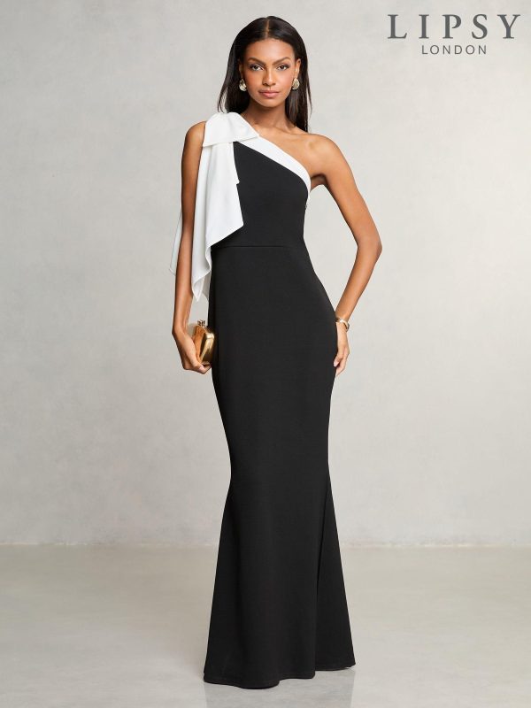 Lipsy Black/White One Shoulder Bow Maxi Dress