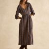 Joules Nia Navy Blue & Tan V-Neck Long Sleeve Midaxi Dress