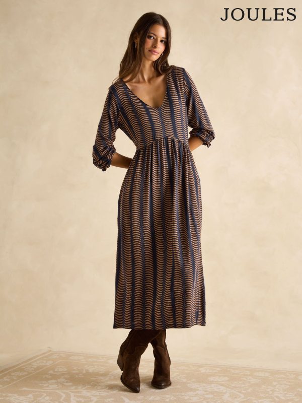 Joules Nia Navy Blue & Tan V-Neck Long Sleeve Midaxi Dress