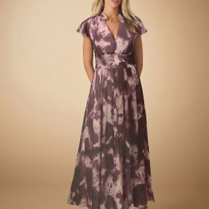Pink/Purple Pleated Mesh Print V-Neck Occasion Midi Dress