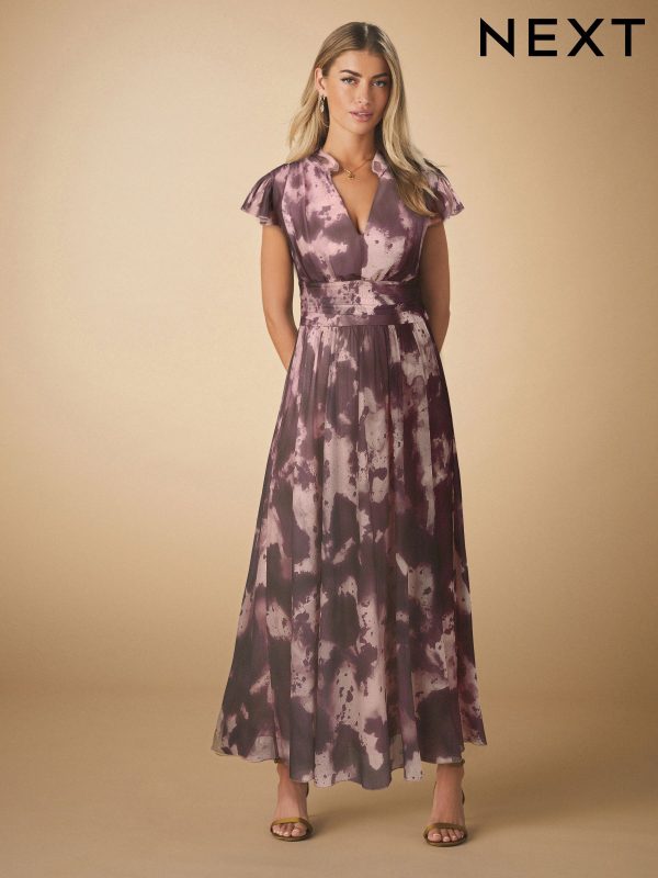Pink/Purple Pleated Mesh Print V-Neck Occasion Midi Dress