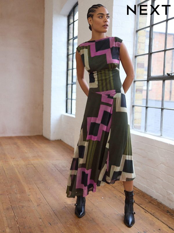 Green/Pink Geo Print Mesh Midi Short Sleeve Asymetric Hem Dress