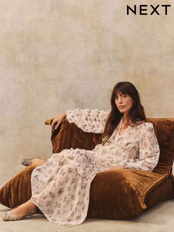 Cream Ditsy Floral Long Sleeve V-Neck Tiered Sheer Lace Boho Midi Dress