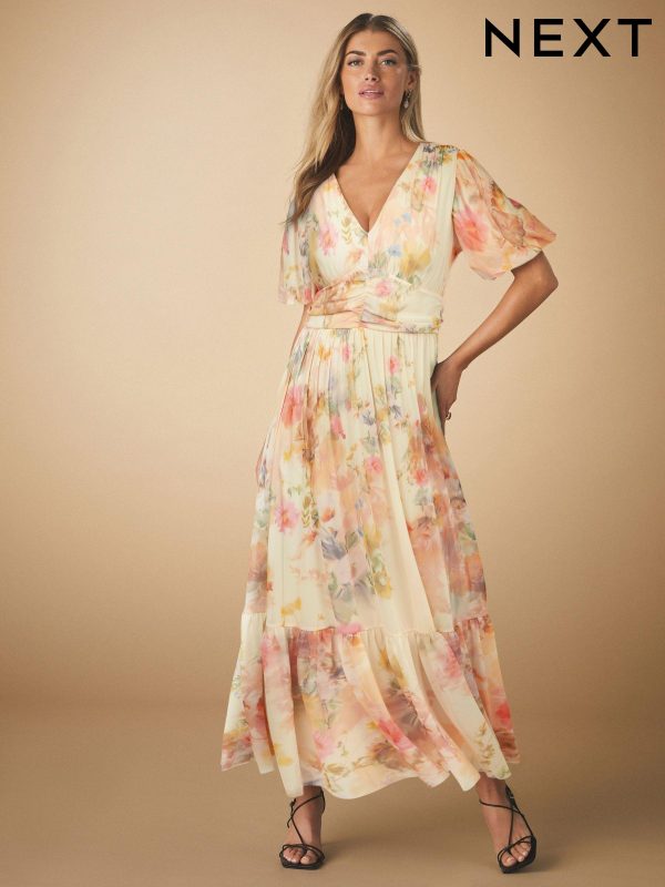 Off White Smudge Floral Print Mesh Pleated Puff Sleeve Waist Detail Occasion Midi Dress
