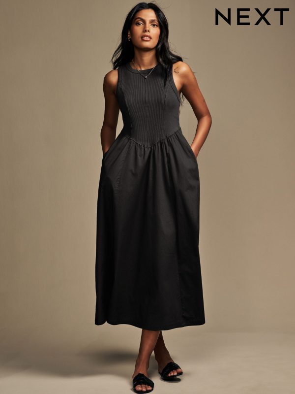 Black Woven Jersey Mix Sleeveless Racer Ribbed Midi Dress