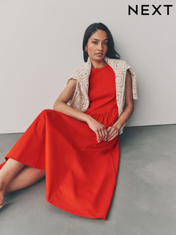Red Woven Jersey Mix Sleeveless Racer Ribbed Midi Dress