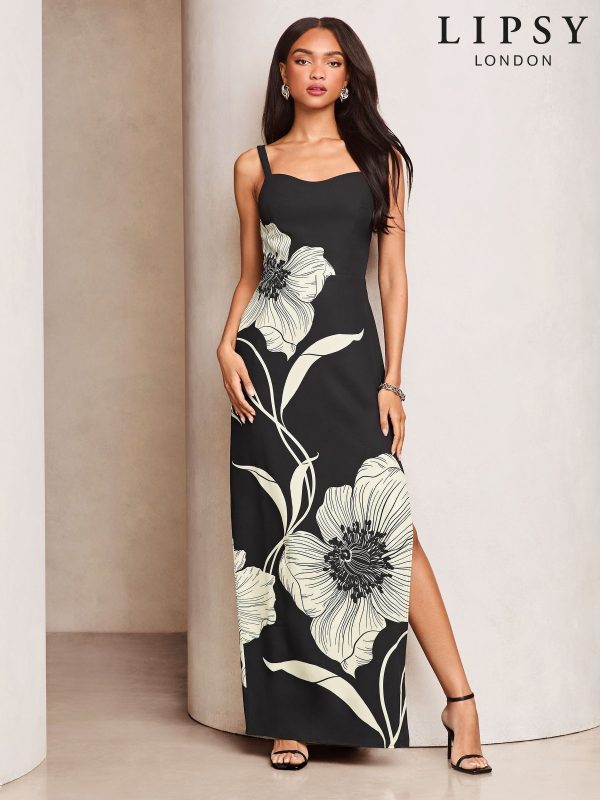 Lipsy Black & White Floral Stem Printed Strappy Midi Dress