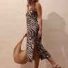 Cream White Tropical Print Kew Collection Pleated Mesh Print V-Neck Occasion Midi Dress