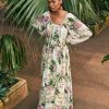 Cream and Black Floral Print Sleeveless Column A-Line Maxi Dress