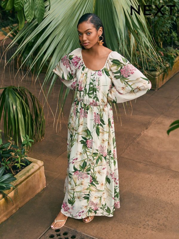 Kew Collection Cream And Green/Pink Floral Long Sleeve Pleated Maxi Dress