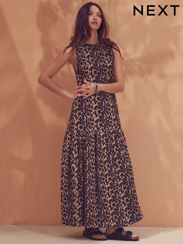 Brown Leopard Animal Print Sleeveless Textured Jersey Dropwaist Maxi Dress