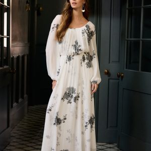 White/Black Floral Long Sleeve Pleated Maxi Dress