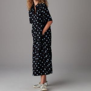 Black and Blue Spot Print Short Sleeve Drop Waist 100% Cotton Maxi Shirt Dress