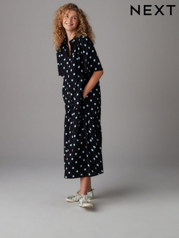 Black and Blue Spot Print Short Sleeve Drop Waist 100% Cotton Maxi Shirt Dress