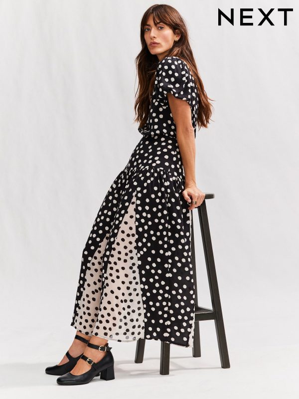 Mono Spot Short Sleeve Crew Neck Spliced Midi Dress