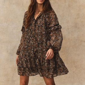 Black/Brown Floral Tie Neck Ruffle Long Sleeve Boho Mini Dress
