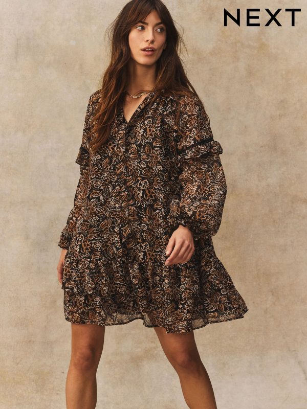 Black/Brown Floral Tie Neck Ruffle Long Sleeve Boho Mini Dress
