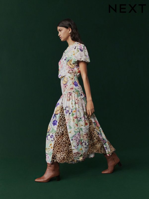 Pink Floral and Brown Leopard Print Short Sleeve Crew Neck Spliced Midi Dress